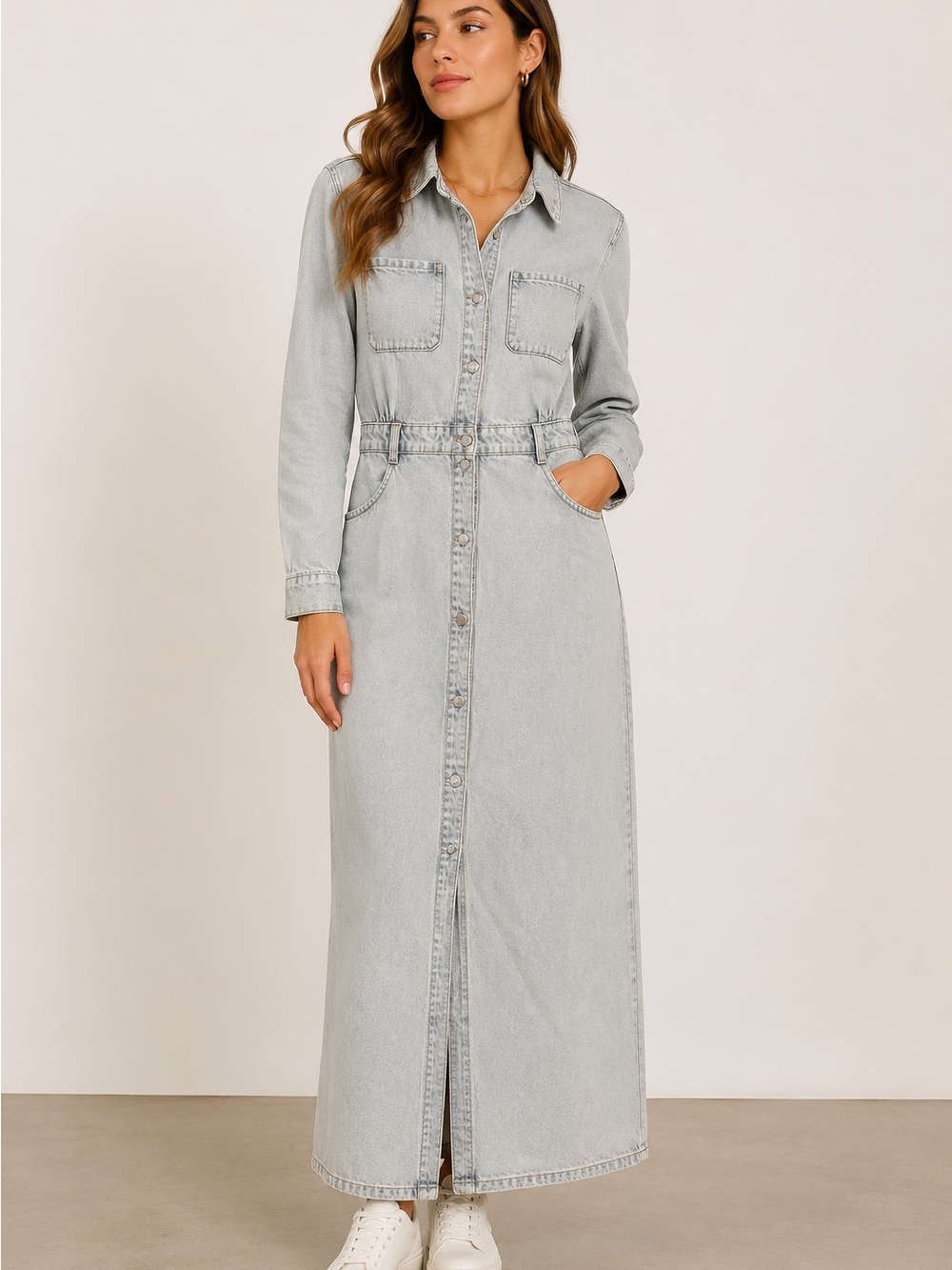 Zara Light Wash Denim Maxi Shirt Dress